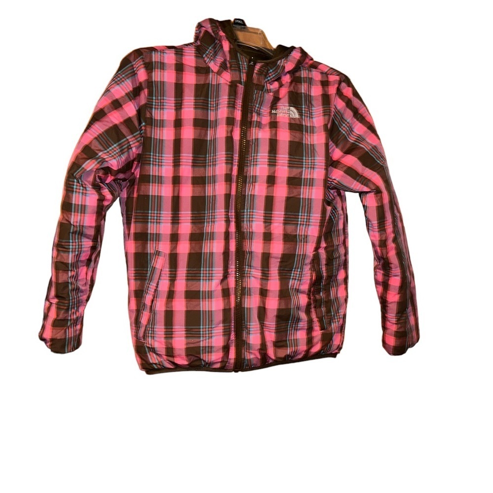 North face girls reversible pink plaid brown hooded puff coat Large 14 /16 youth